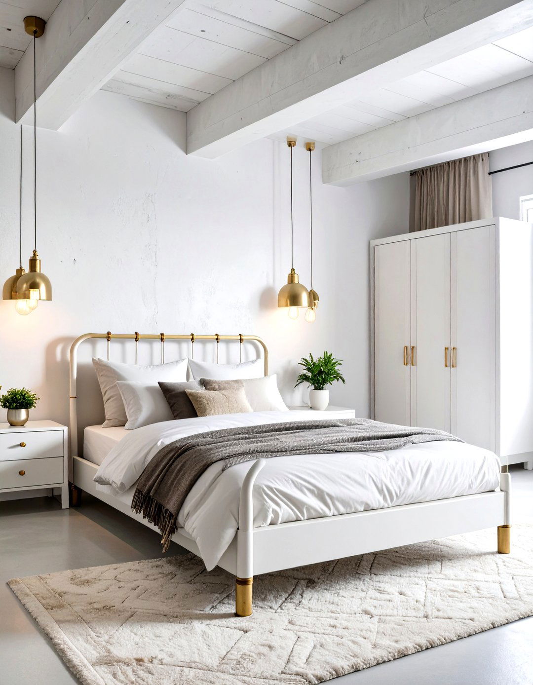 Industrial White Bedroom with Mixed Gold Metals - 24 White and Gold Bedroom Ideas
