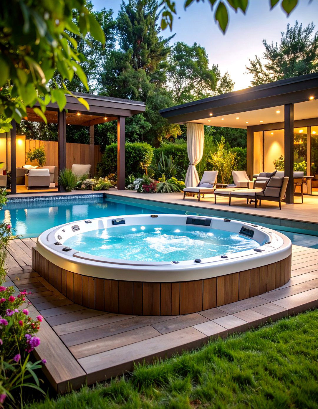 Infinity Edge Sunken Spa with Pool Connection - 24 Sunken Hot Tub Ideas