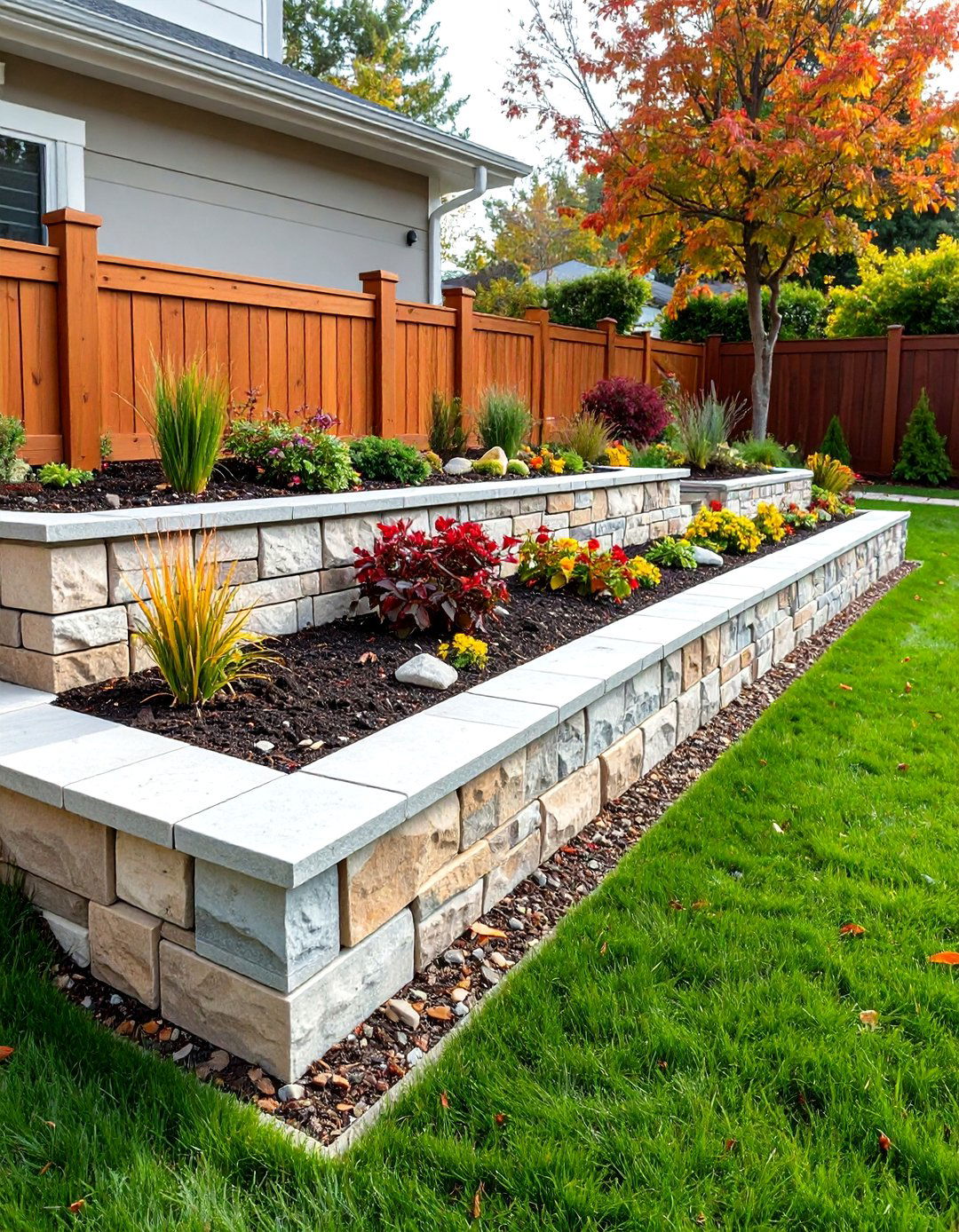 Interlocking Block Retaining Wall with Decorative Caps - 24 Retaining Wall Ideas for Sloped Backyard