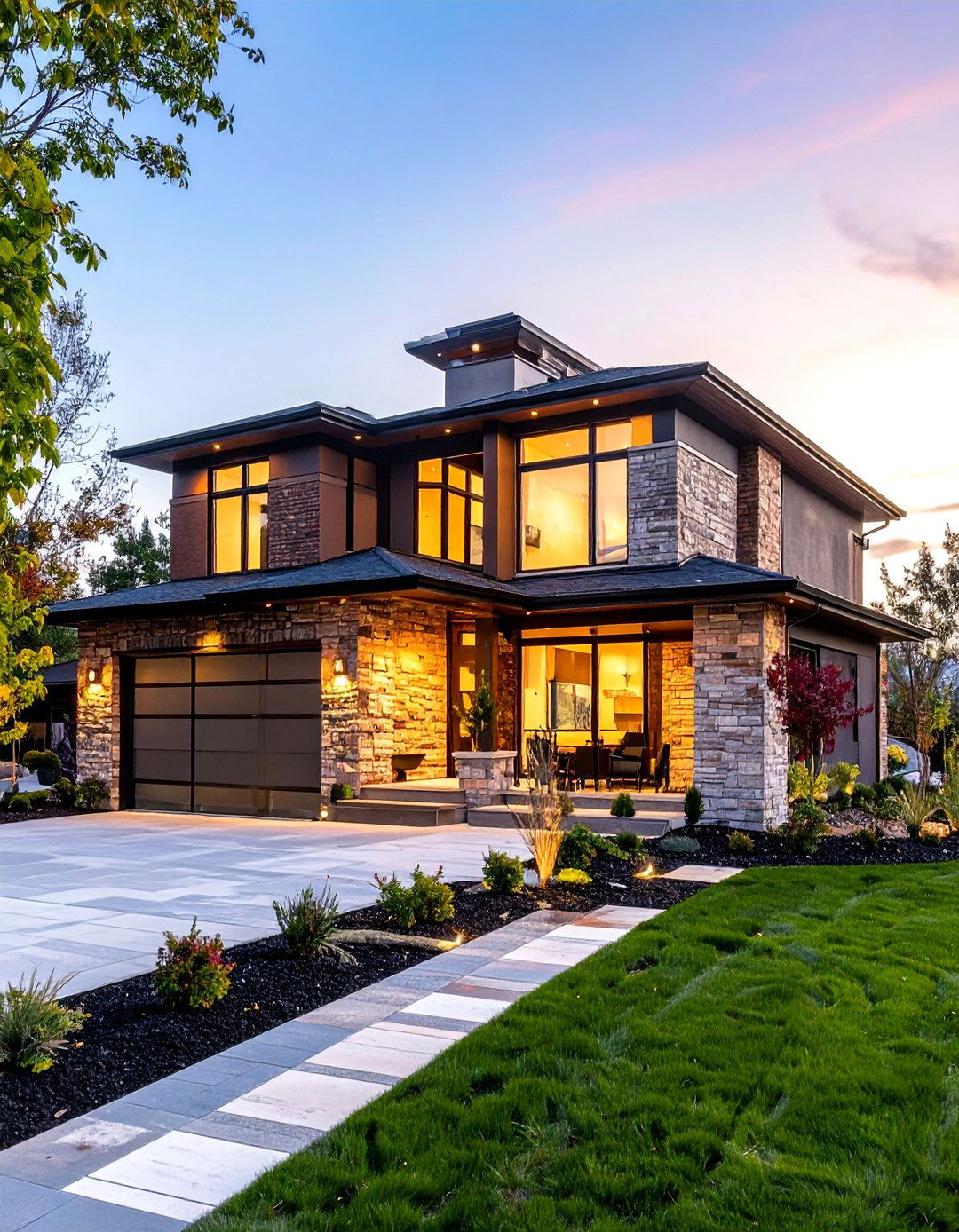International Style Brick Modernism with Travertine Panel Accents - 24 Brick Houses With Stone Accents