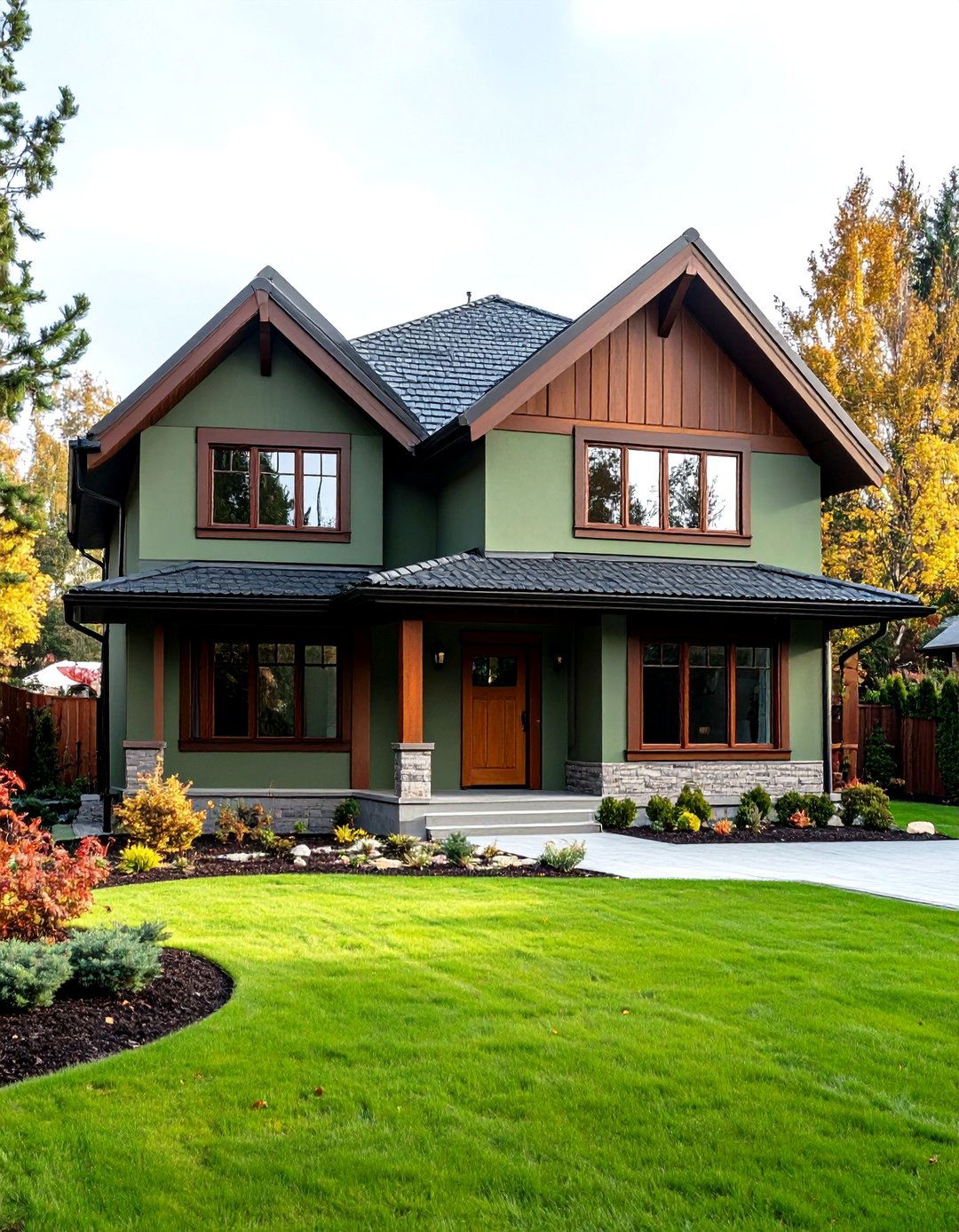 International Style Brown Accents - 24 Sage Green House With Brown Trim Ideas