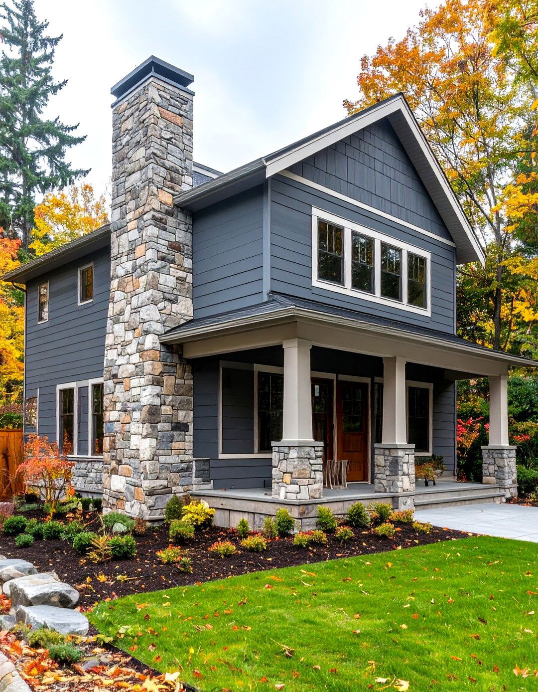 Iron Grey Siding with Natural Stone Chimney - 24 Dark Grey House Exterior Ideas