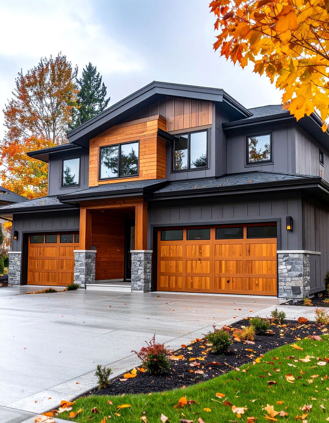 Iron Grey with Natural Cedar Wood Accents - 24 Dark Grey House Exterior Ideas
