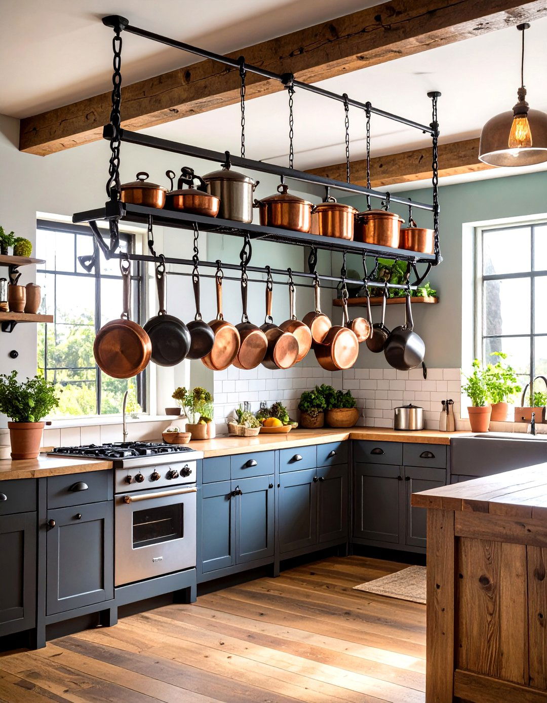 Iron Pot Rack Display - 24 Rustic White Kitchen Ideas