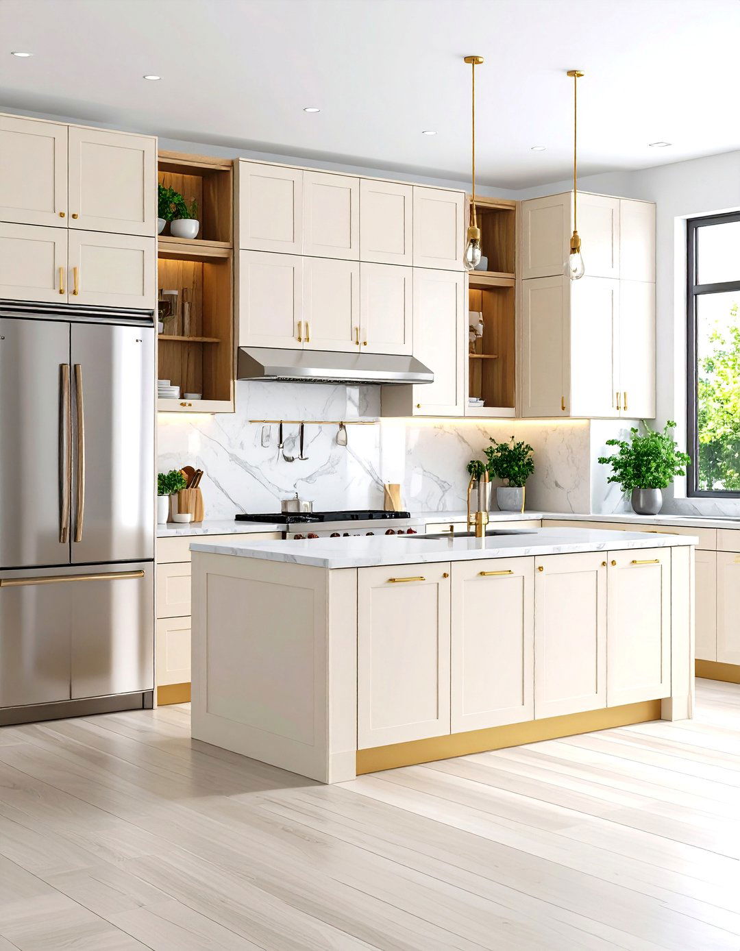 Ivory Flat Panel Cabinets with Stainless Steel Appliances - 24 Off-white Kitchen Cabinets