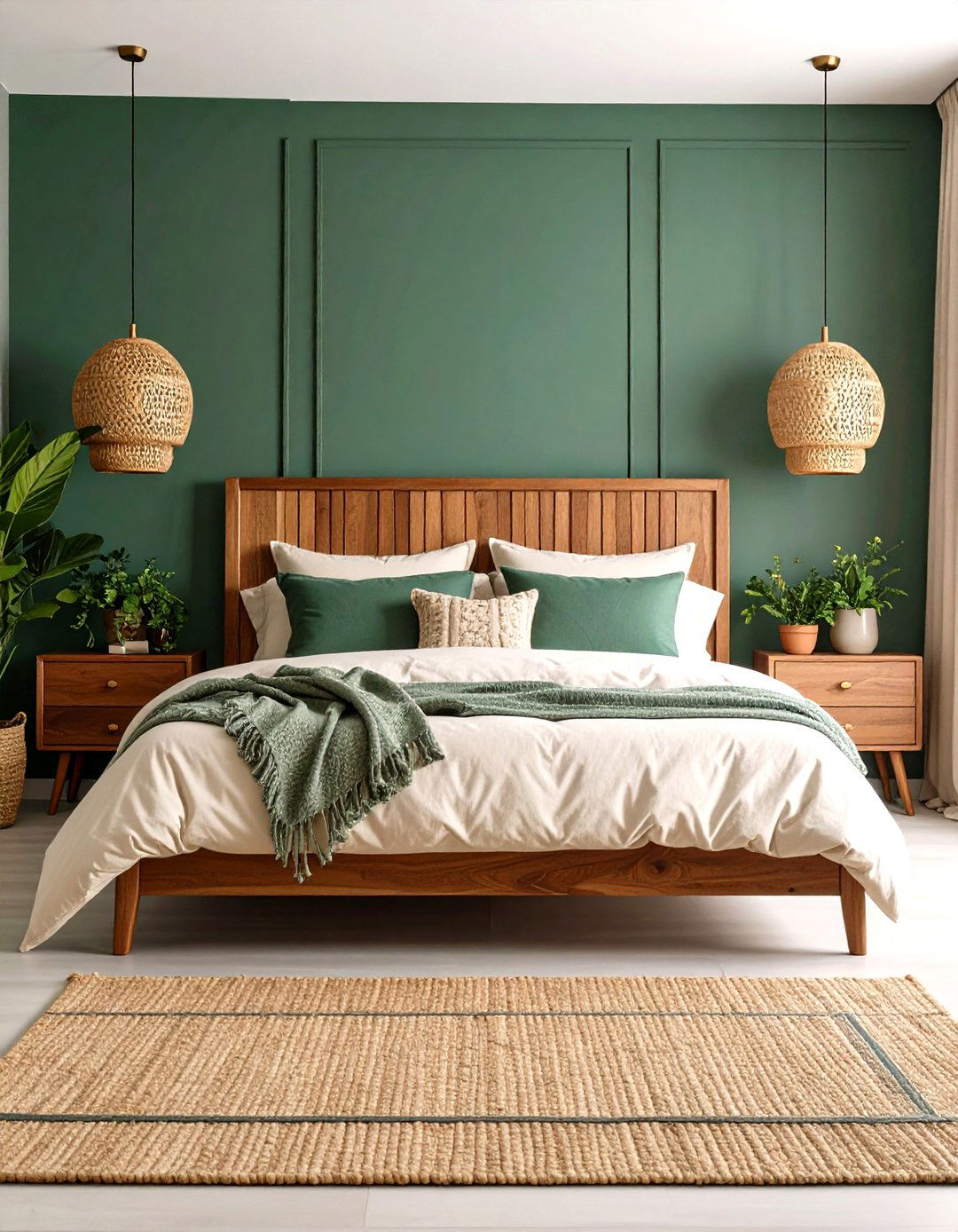 Jade Green Accent Wall with Natural Wood Elements - 24 Jade Green Bedroom Ideas