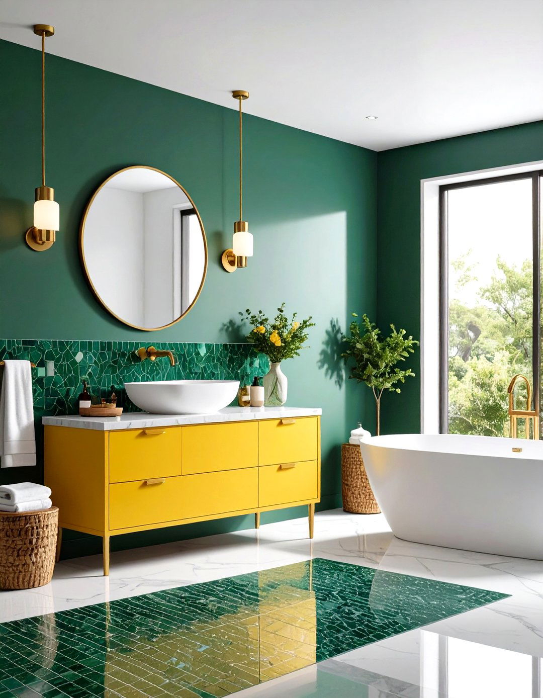 Jade Green Mosaic Tiles with Canary Yellow Vanity - 24 Yellow and Green Bathroom Ideas