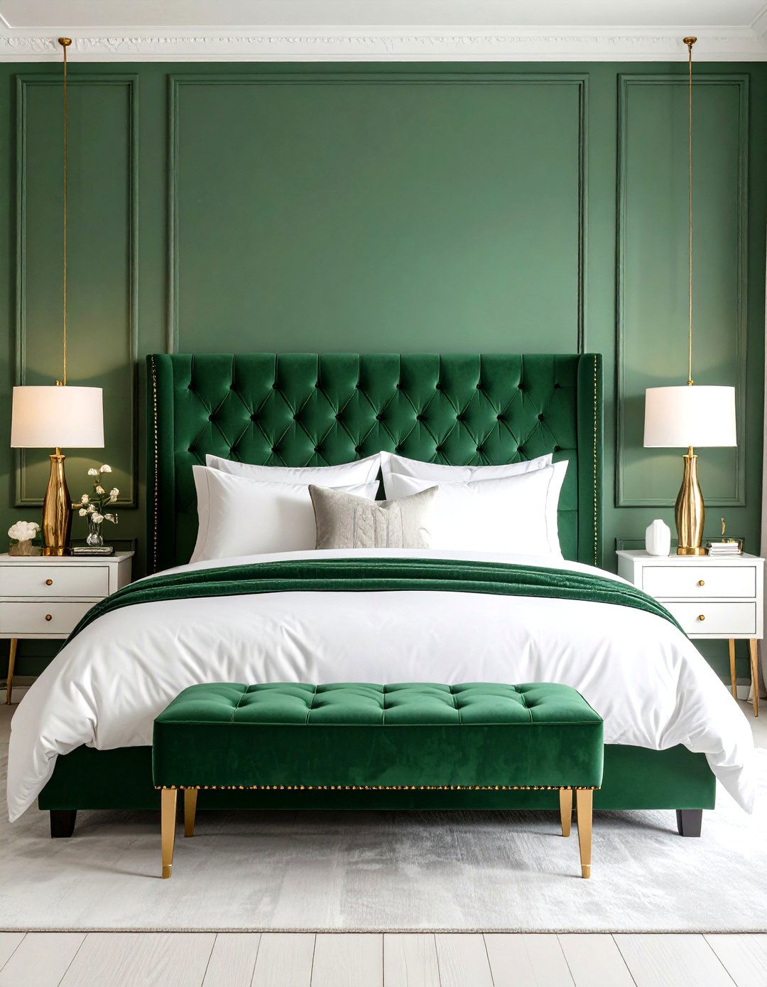 Jade Green Tufted Headboard with Neutral Bedding - 24 Jade Green Bedroom Ideas