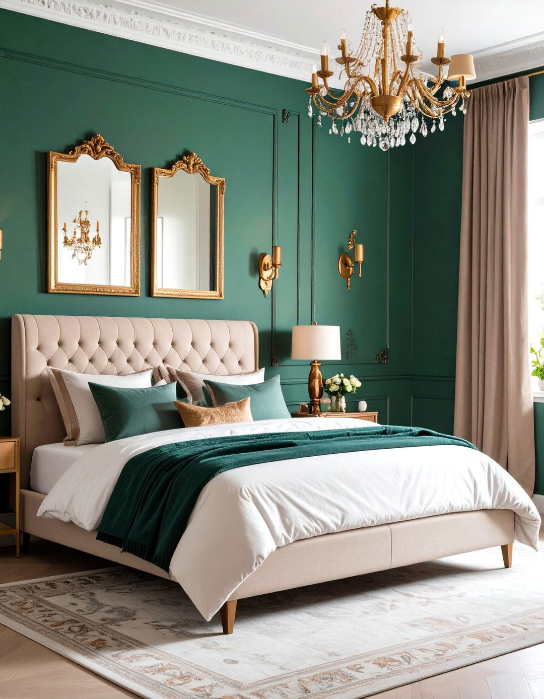 Jade Green Wallpaper Feature with Metallic Accents - 24 Jade Green Bedroom Ideas