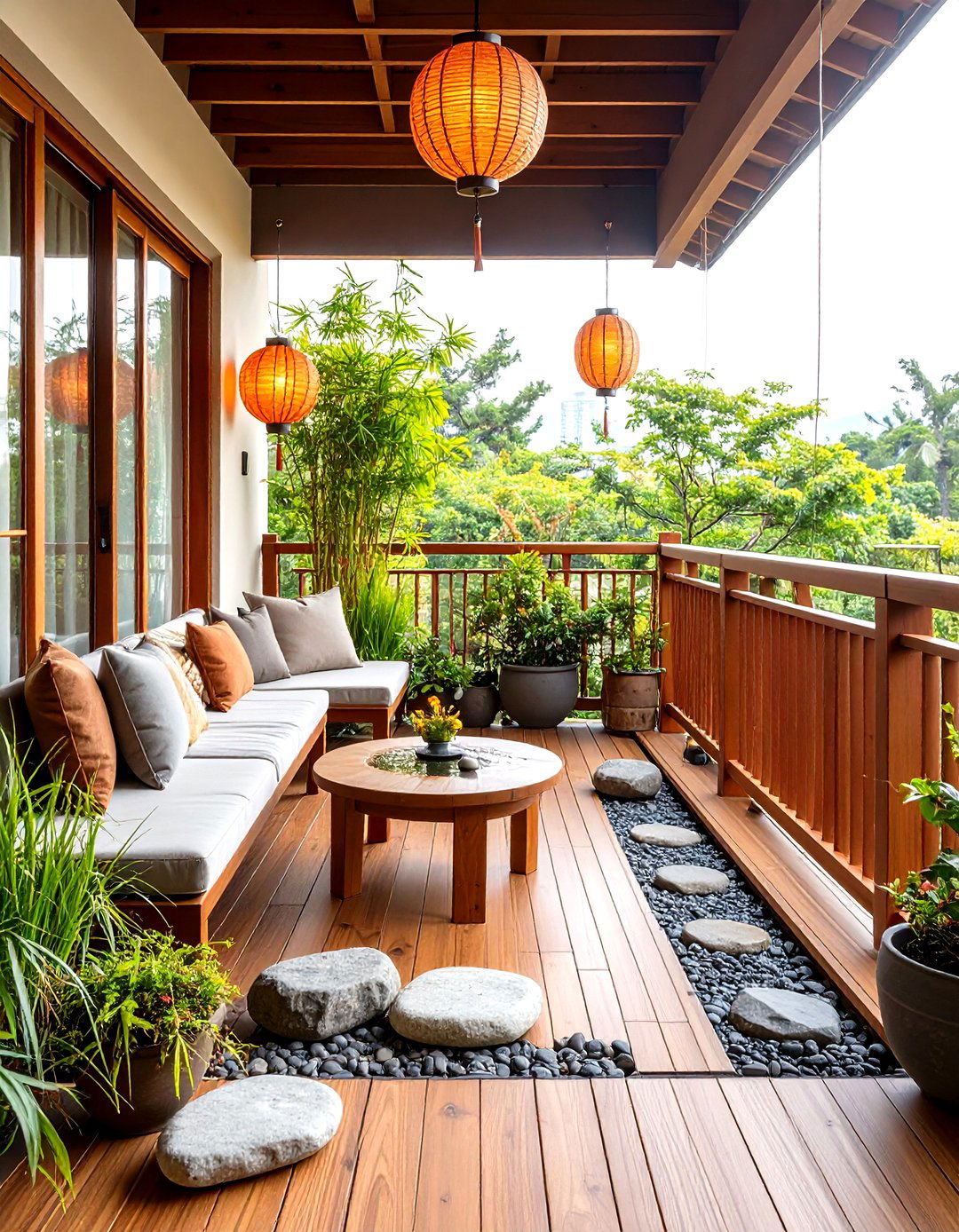 Japanese Inspired Balcony with Bamboo Water Feature - 24 Second Story Balcony Ideas