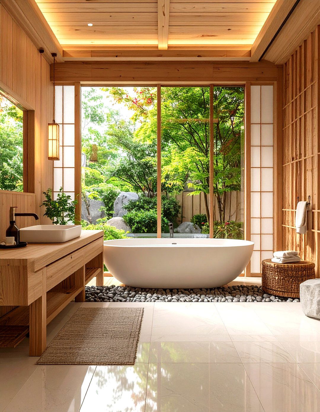 Japanese Inspired Zen Bathroom with Natural Materials - 24 Modern Bathroom Ideas