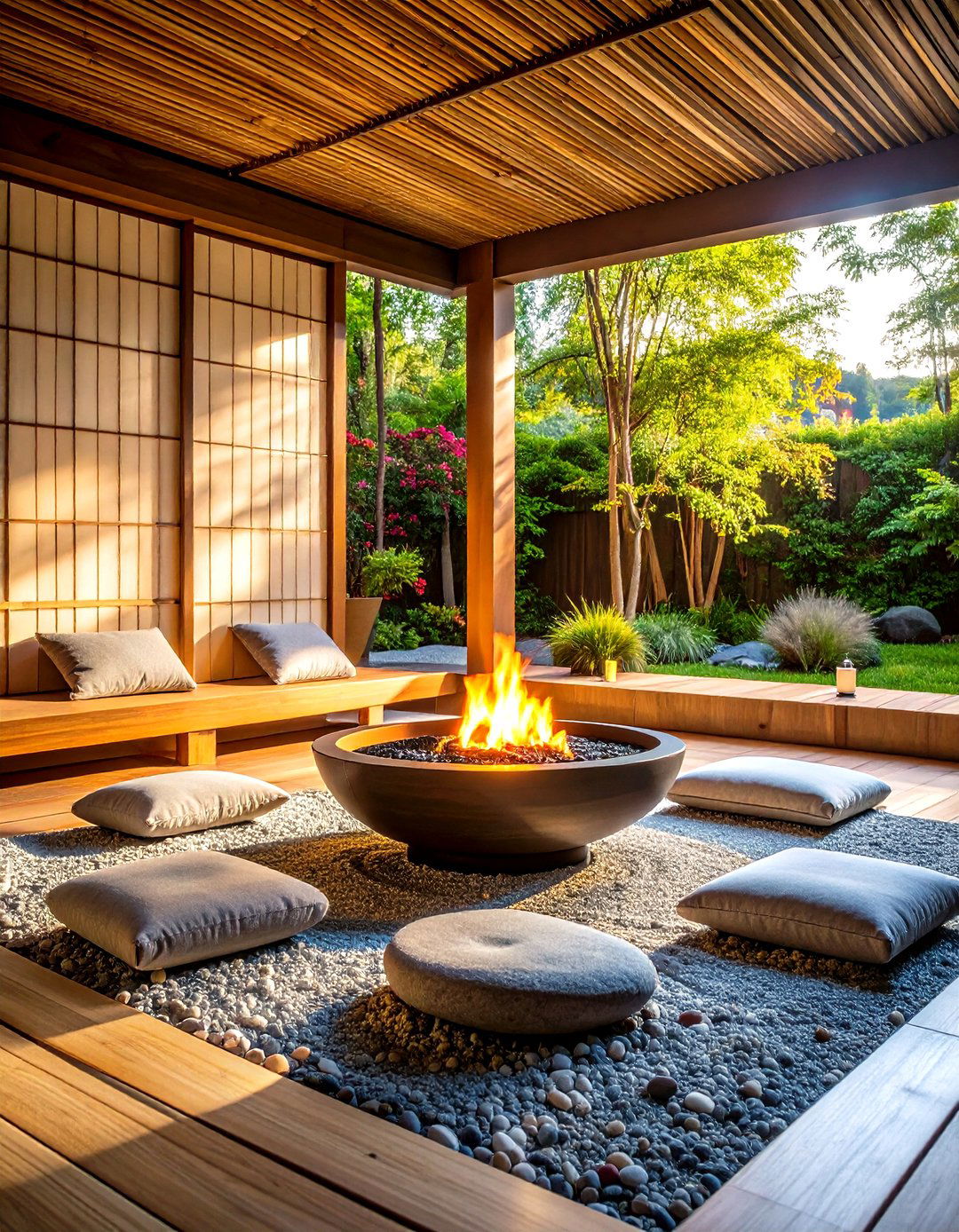 Japanese Inspired Zen Fire Bowl with Bamboo Accents - 24 Fire Pit Ideas