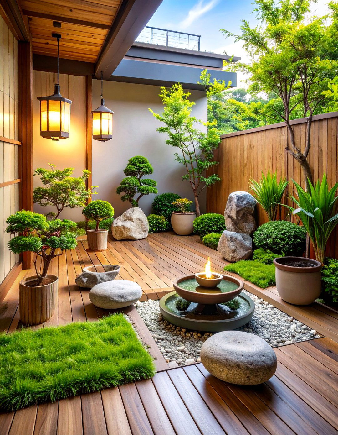 Japanese Zen Balcony Retreat - 24 Artificial Grass Balcony Design