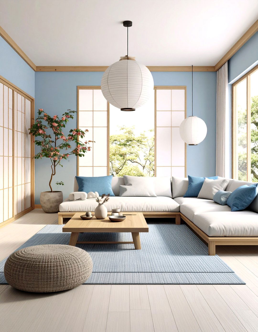 Japanese Zen Blue Grey Meditation Space - 24 Blue and Grey Living Room Ideas