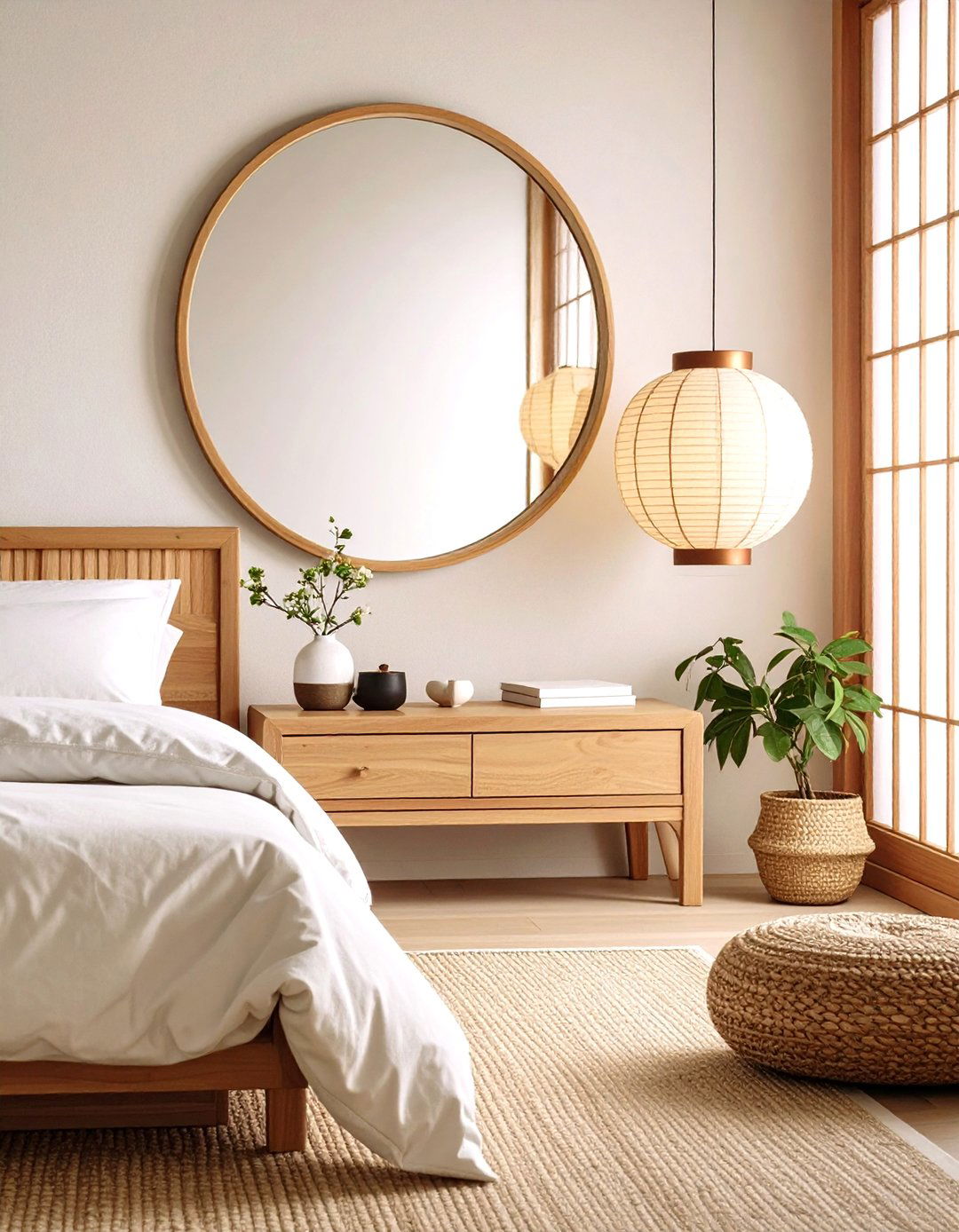 Japanese Zen Minimalist Harmony - 24 Mirror Behind Nightstand Design Ideas