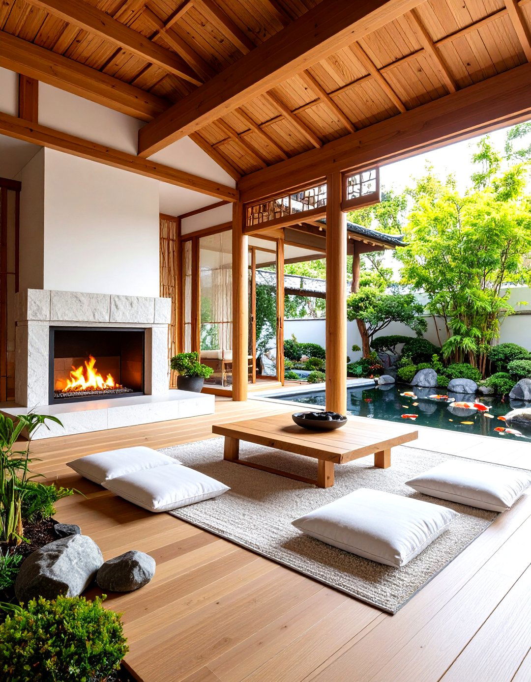 Japanese Zen Pavilion With Minimalist Stone Fireplace - 24 Backyard Pavilion With Fireplace
