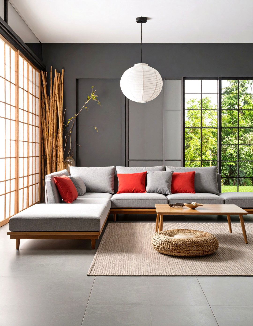 Japanese Zen Red Accent and Charcoal Calm - 24 Red and Grey Living Room Ideas