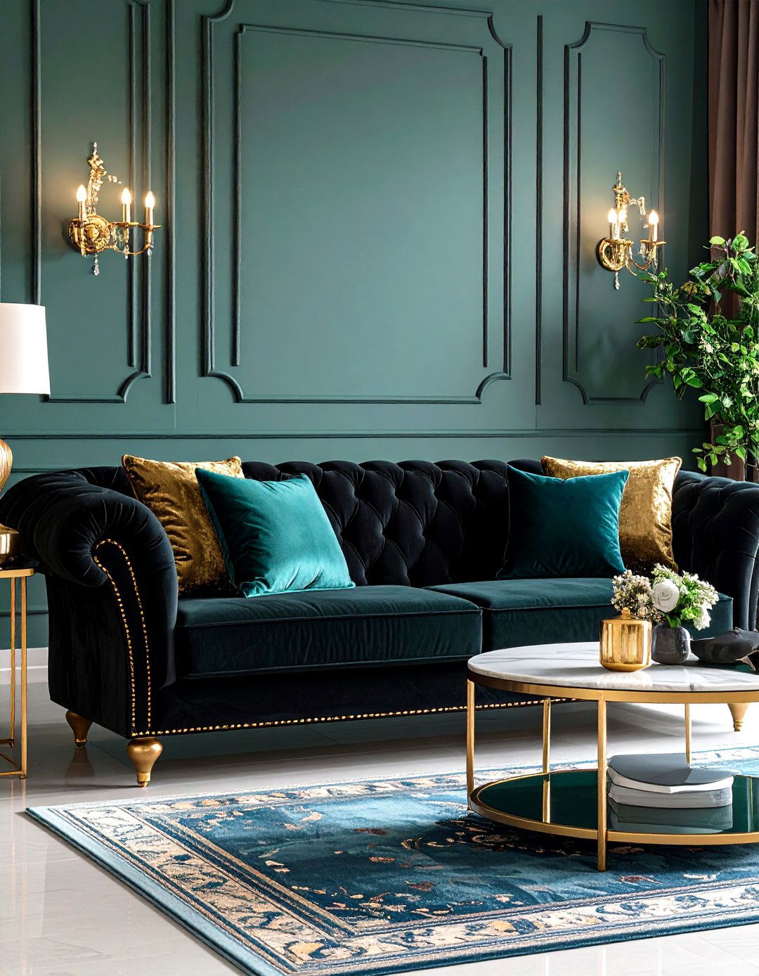 Jewel Tone Accents with Black Velvet Sofa - 24 Black Couch Living Room Ideas
