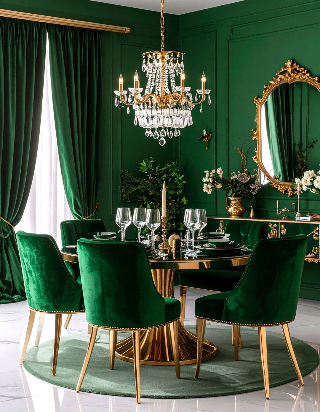 Jewel Tone Green Dining Room with Luxurious Textures - 24 Green Dining Room Ideas