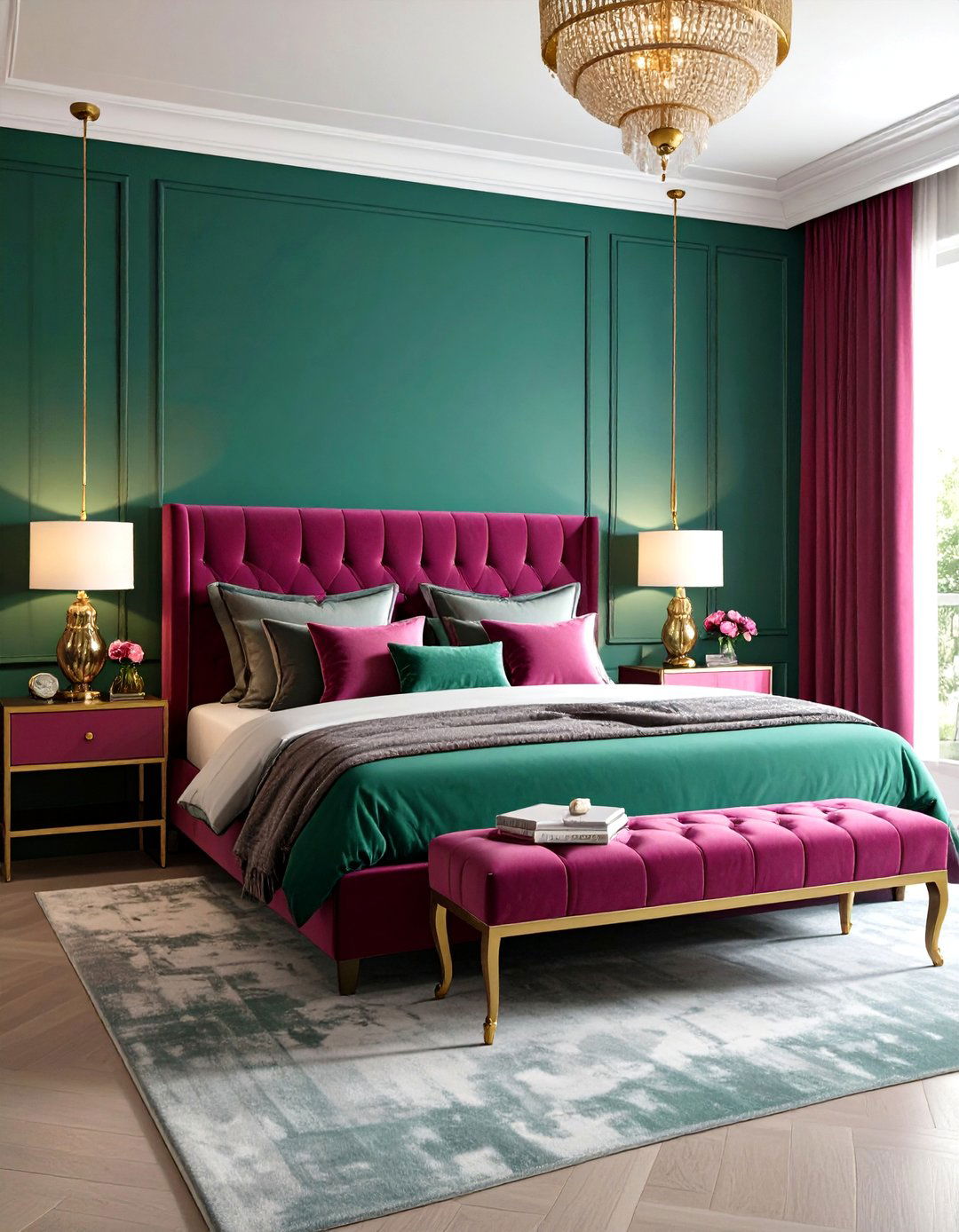 Jewel Toned Emerald and Fuchsia Glam - 24 Pink and Green Bedroom Ideas