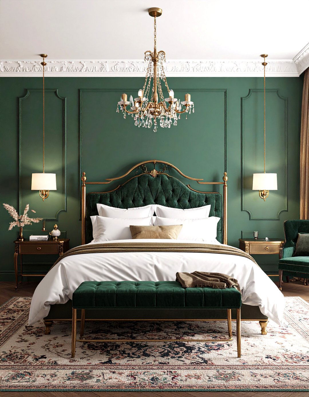 Jewel Toned Parisian Bedroom with Emerald Green Accents - 24 Parisian Themed Bedroom Ideas