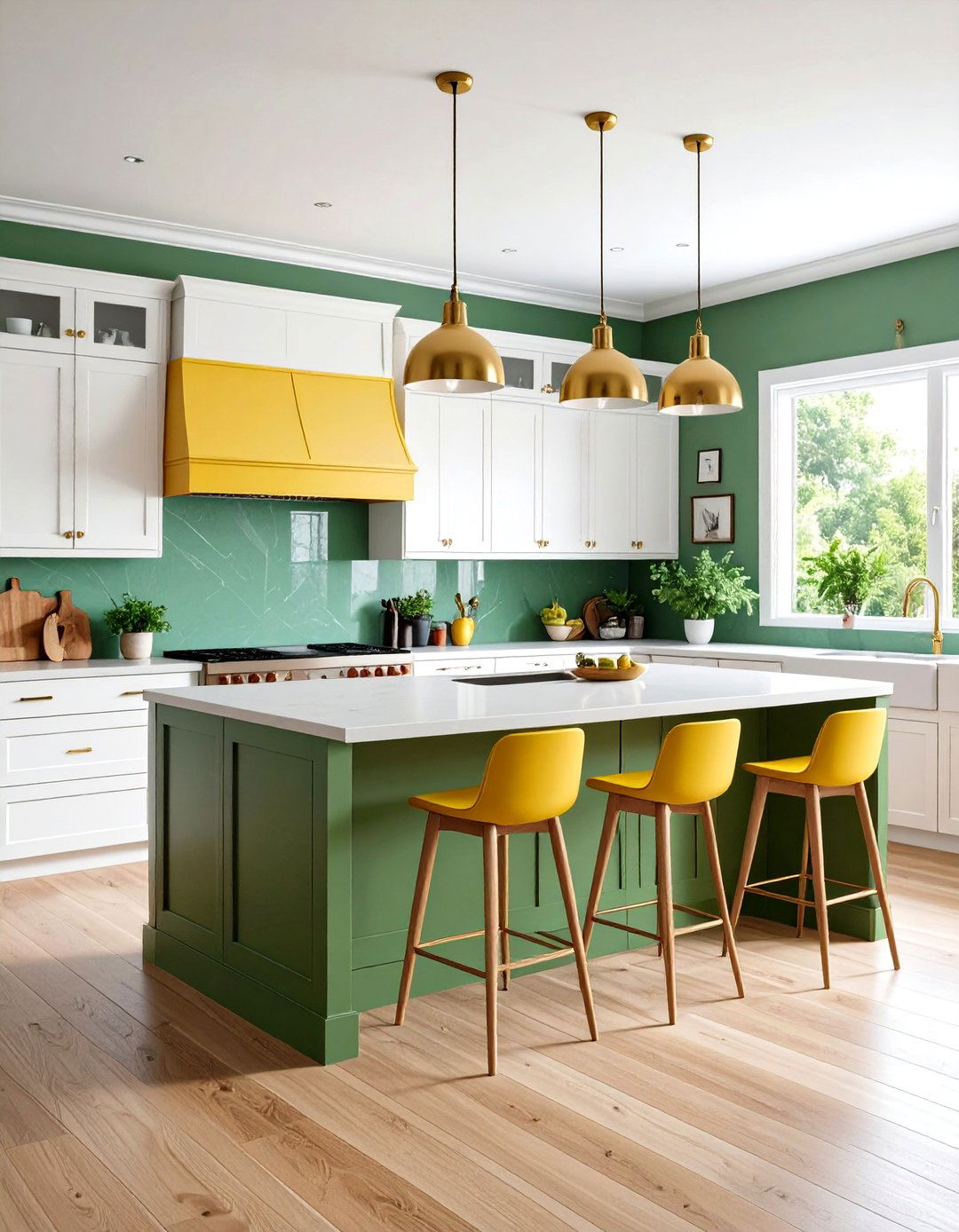 Kelly Green Kitchen Peninsula with Goldenrod Yellow Breakfast Bar - 24 Green and Yellow Kitchen Ideas