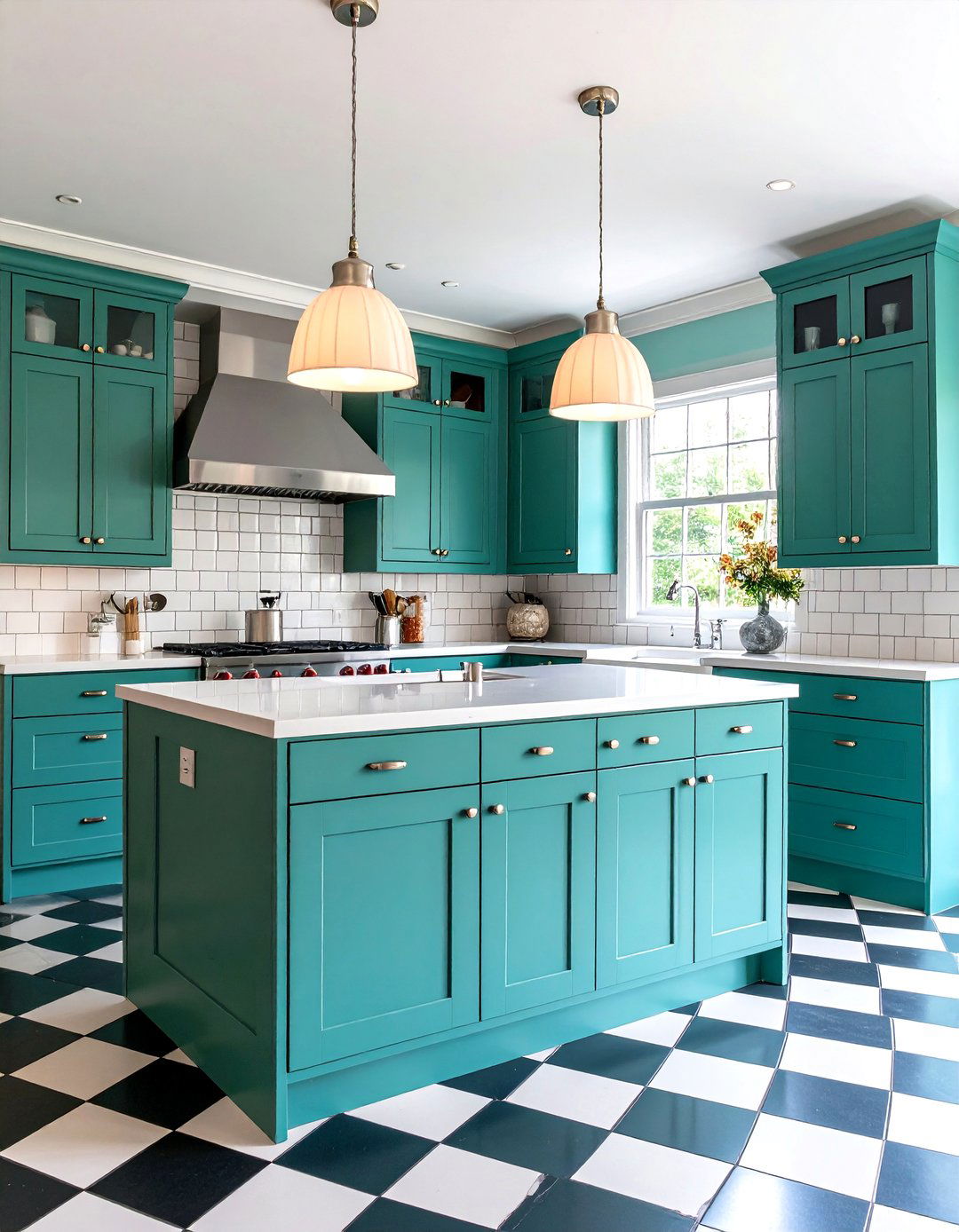 Kelly Green Retro Kitchen with Chrome Accents - 24 Green Kitchen Cabinet Ideas