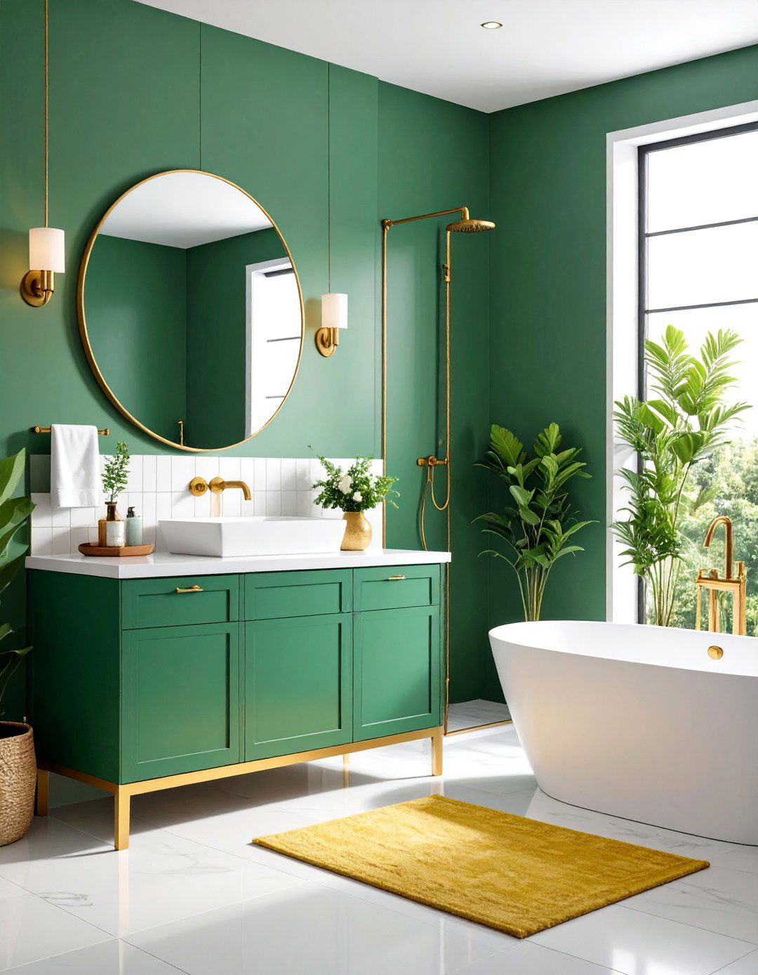 Kelly Green Shower Niche with Golden Yellow Countertops - 24 Yellow and Green Bathroom Ideas