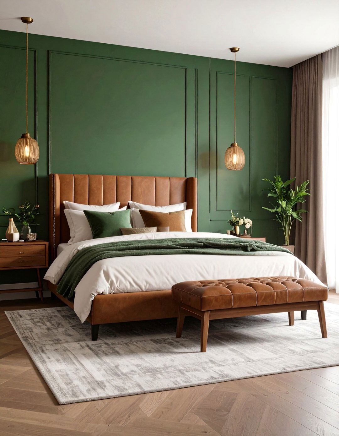Kelly Green Statement Wall with Tobacco Brown Accent Furniture - 24 Green and Brown Bedroom Ideas