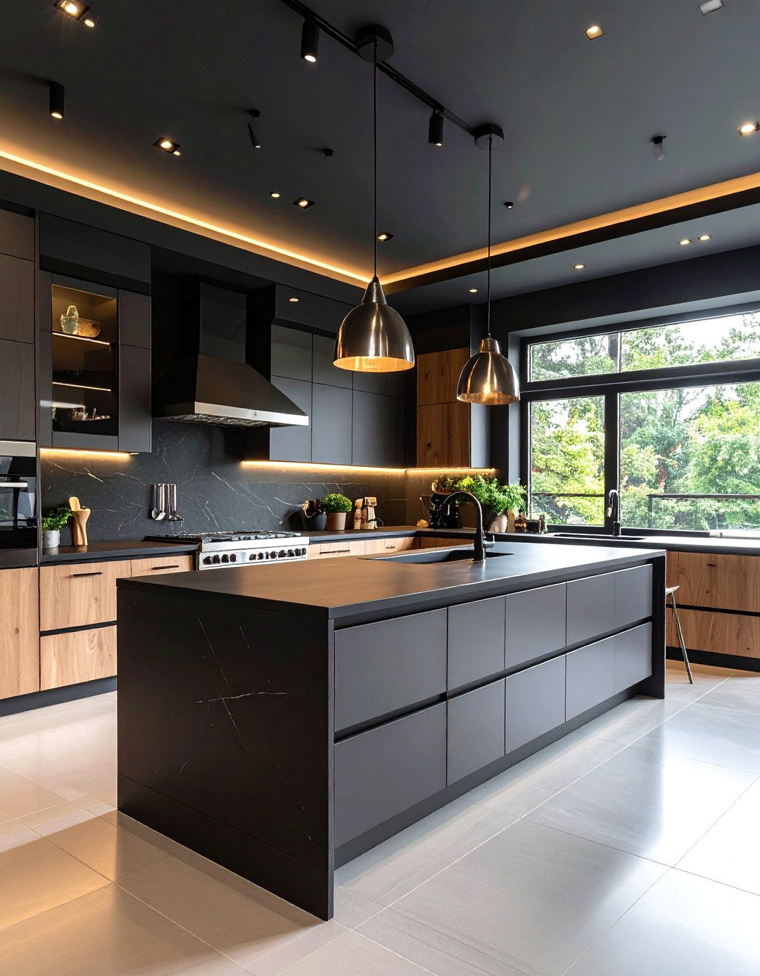 Kitchen Black Ceiling with Light Cabinetry - 24 Black Ceiling Design Ideas