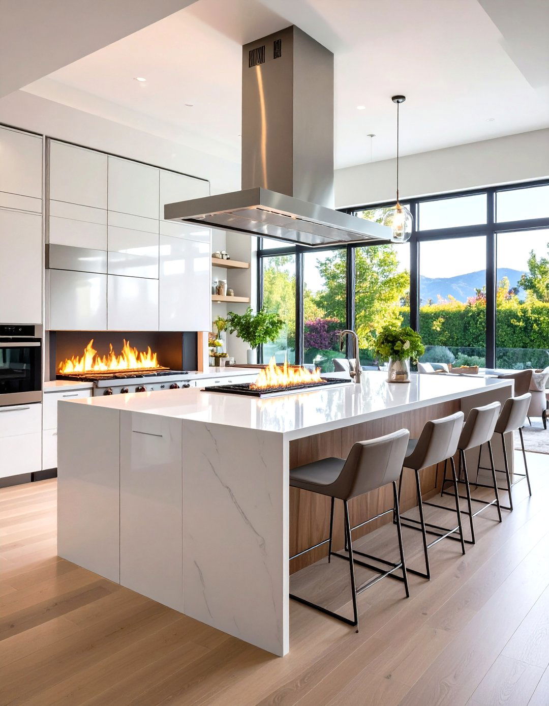 Kitchen Island Fireplace with Stainless Steel Integration - 24 Modern Fireplace Ideas