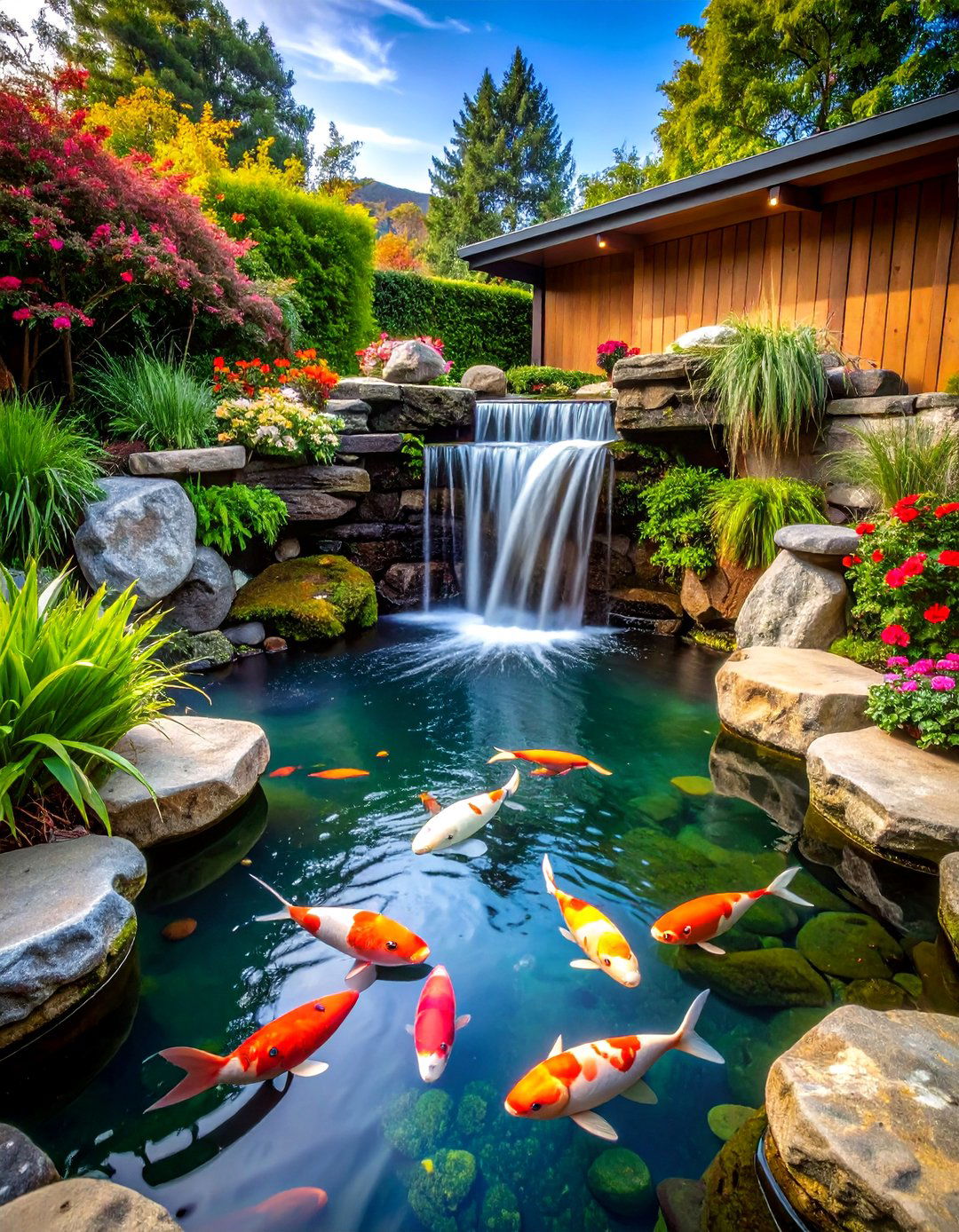 Koi Pond with Waterfall Feature - 24 Backyard Pond Ideas