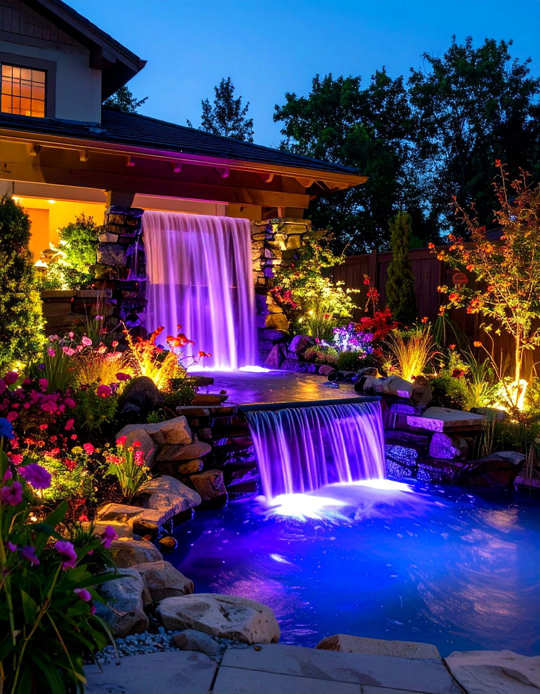 LED Illuminated Evening Waterfall - 24 Pondless Waterfall Design Ideas