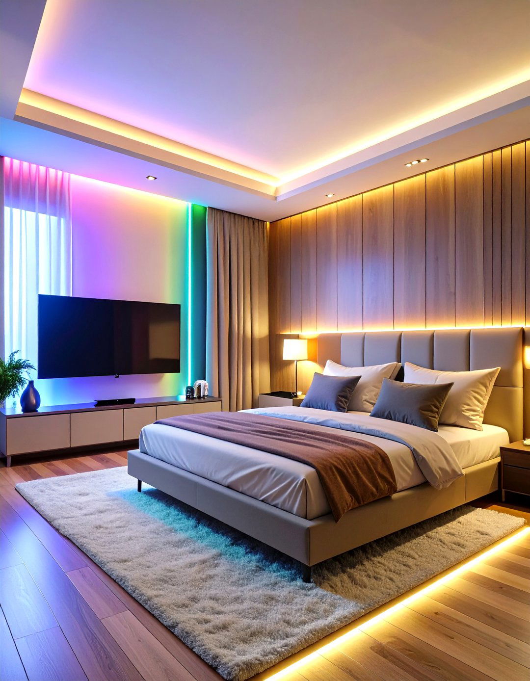 LED Strip Accent Lighting Behind TV - 24 Small Bedroom Lighting Ideas