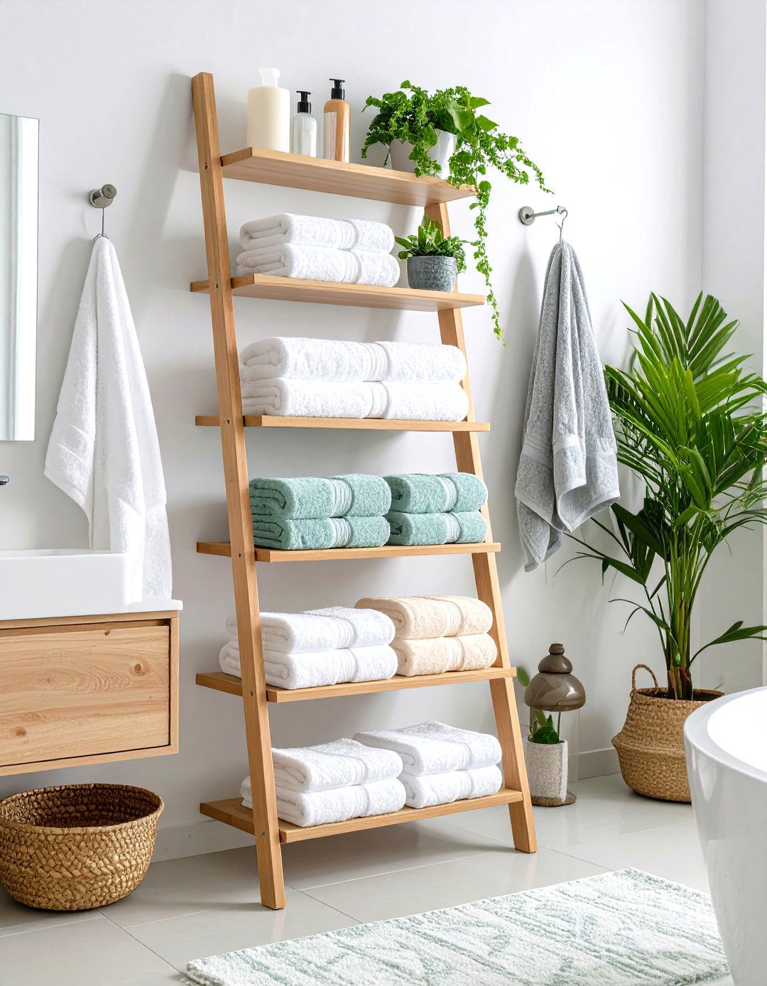 Ladder Shelf with Towel Display - 24 Bathroom Furniture Ideas