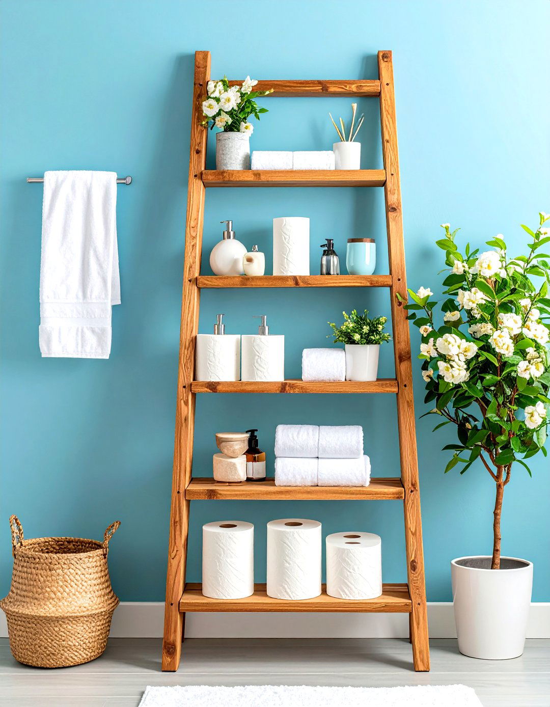 Ladder Style Display Shelf with Natural Wood Finish - 24 Toilet Paper Storage Ideas