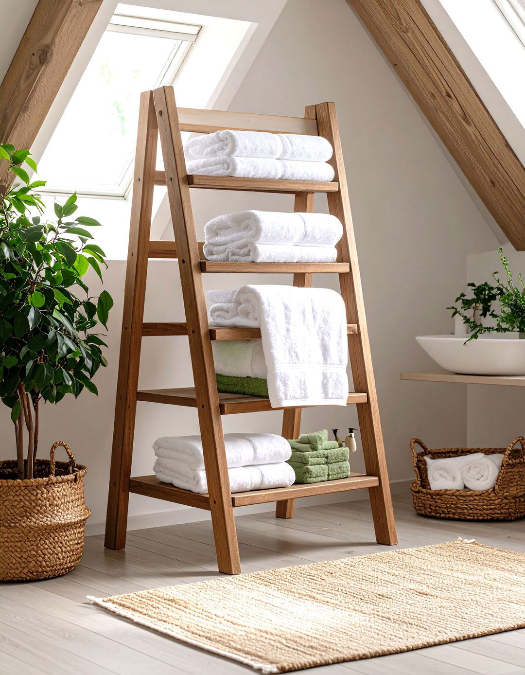 Ladder Towel Storage Display - 24 Attic Bathroom Ideas