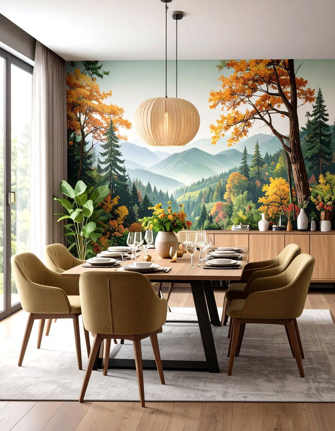 Landscape Mural Accent Wall Dining Design - 24 Dining Room Design Ideas