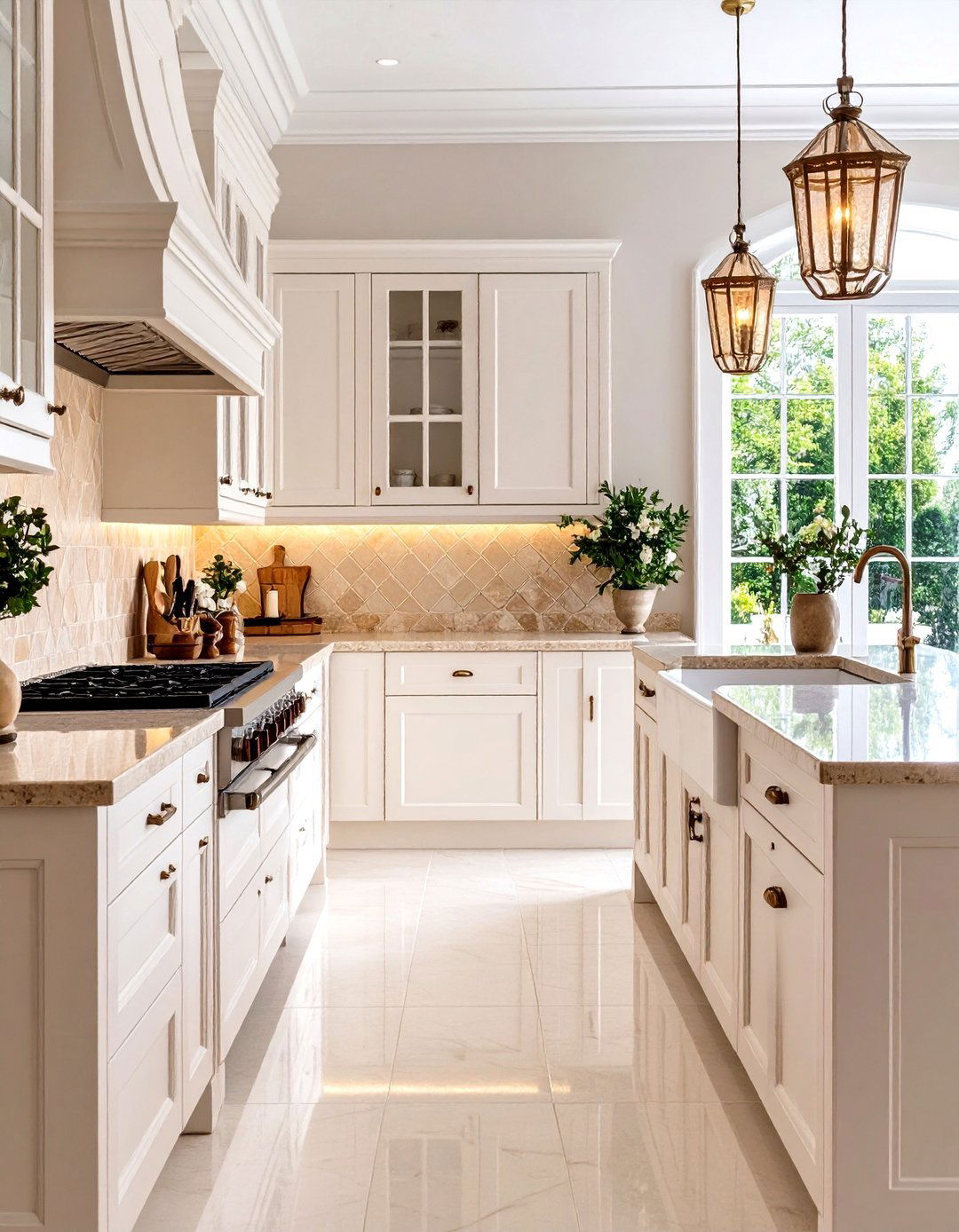 Lantern Shaped Tile Backsplash in Warm Beige - 24 Backsplash Ideas for White Cabinets and Granite Countertops