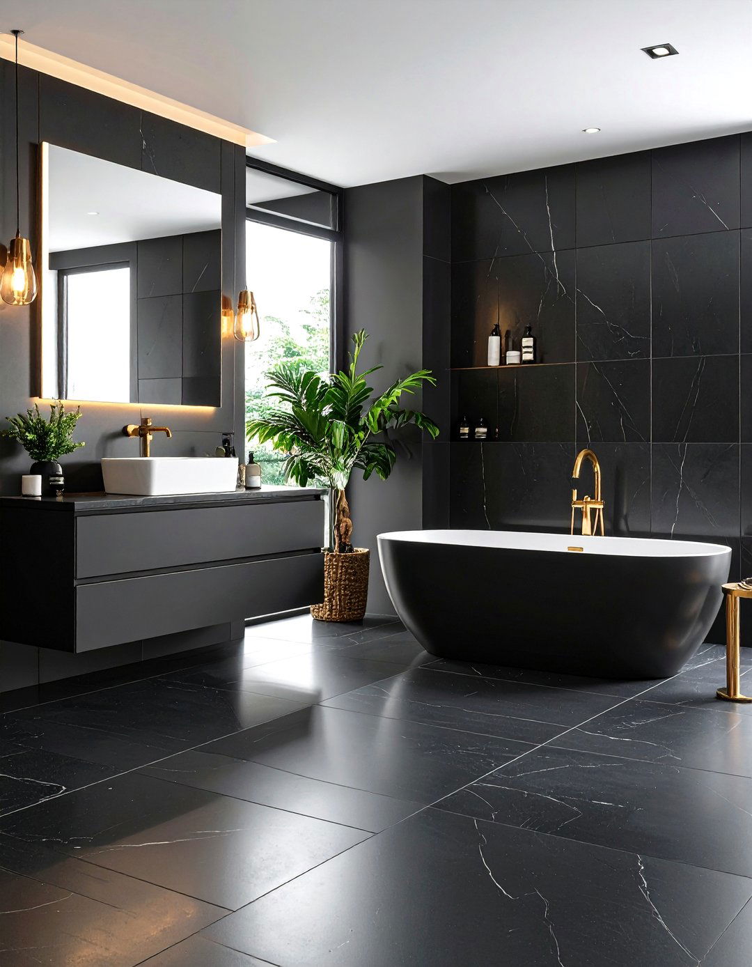 Large Format Black Bathroom Tiles - 24 Black Floor Bathroom Ideas