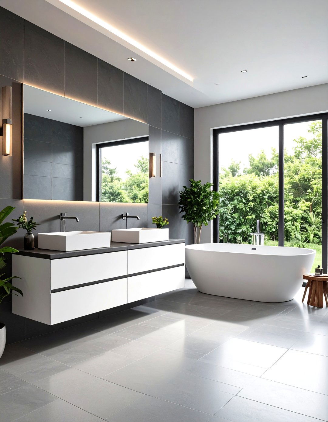 Large Format Grey Tiles with White Fixtures - 24 Grey and White Bathroom Ideas