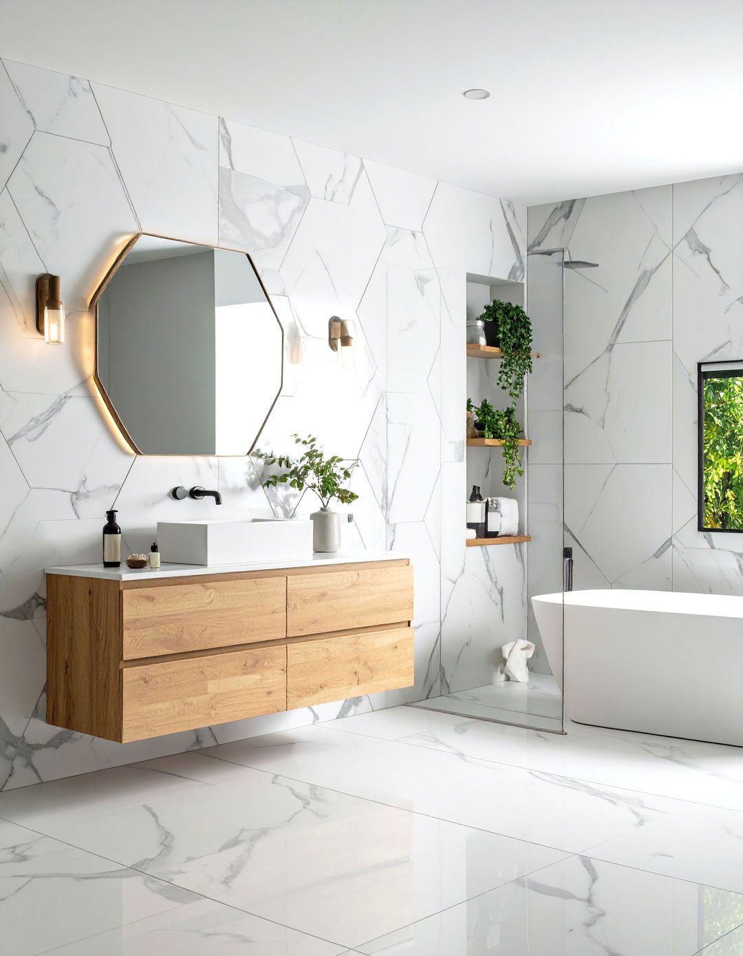 Large Format Marble Hexagon Wall Installations - 24 Hexagon Tiles Ideas for Bathrooms