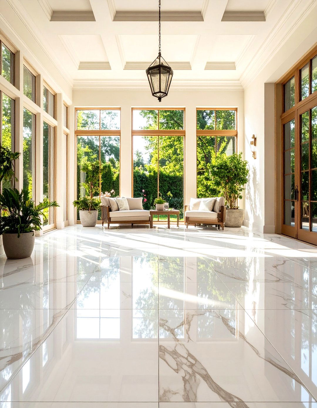 Large Format Marble Look Sunroom Slabs - 24 Sunroom Tile Floor Ideas