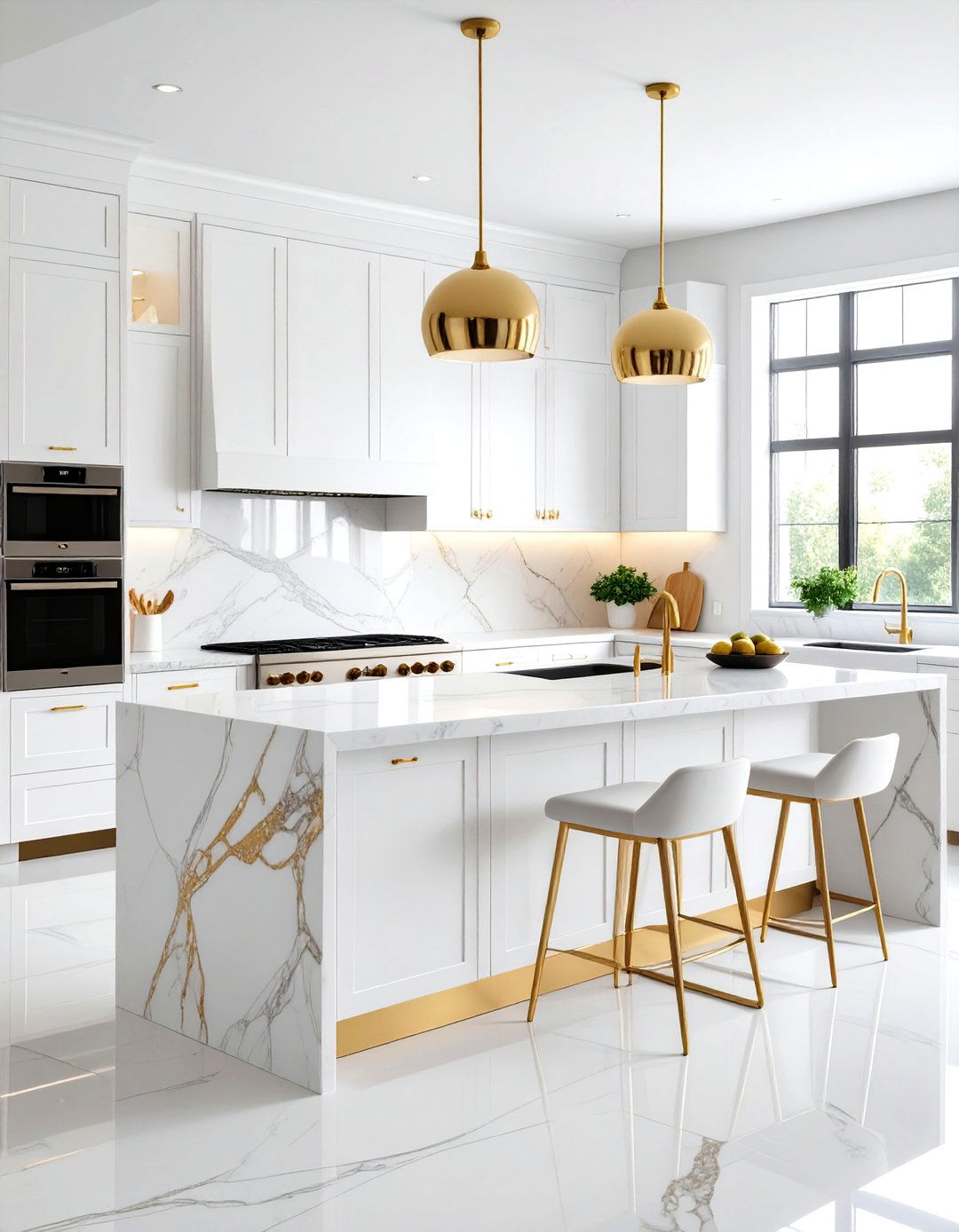 Large Format White Marble Slab with Natural Gold Veining - 24 White and Gold Kitchen Backsplash Ideas