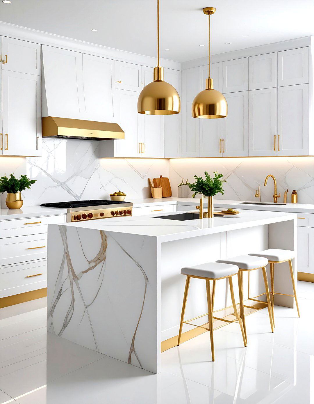 Large Format White Porcelain with Gold Inlay Strips - 24 White and Gold Kitchen Backsplash Ideas