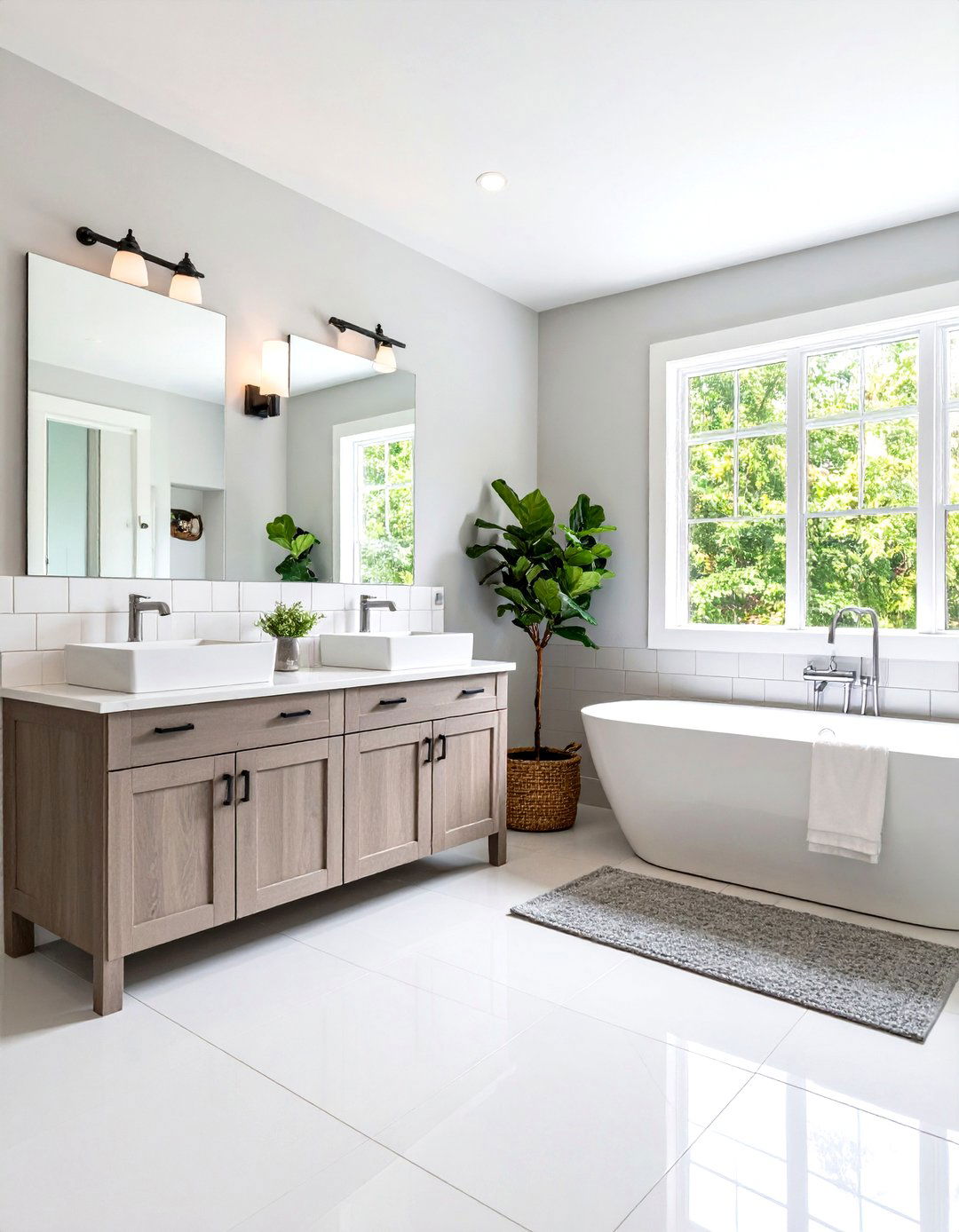 Large Grey Subway Tiles with White Grout - 24 Grey and White Bathroom Ideas