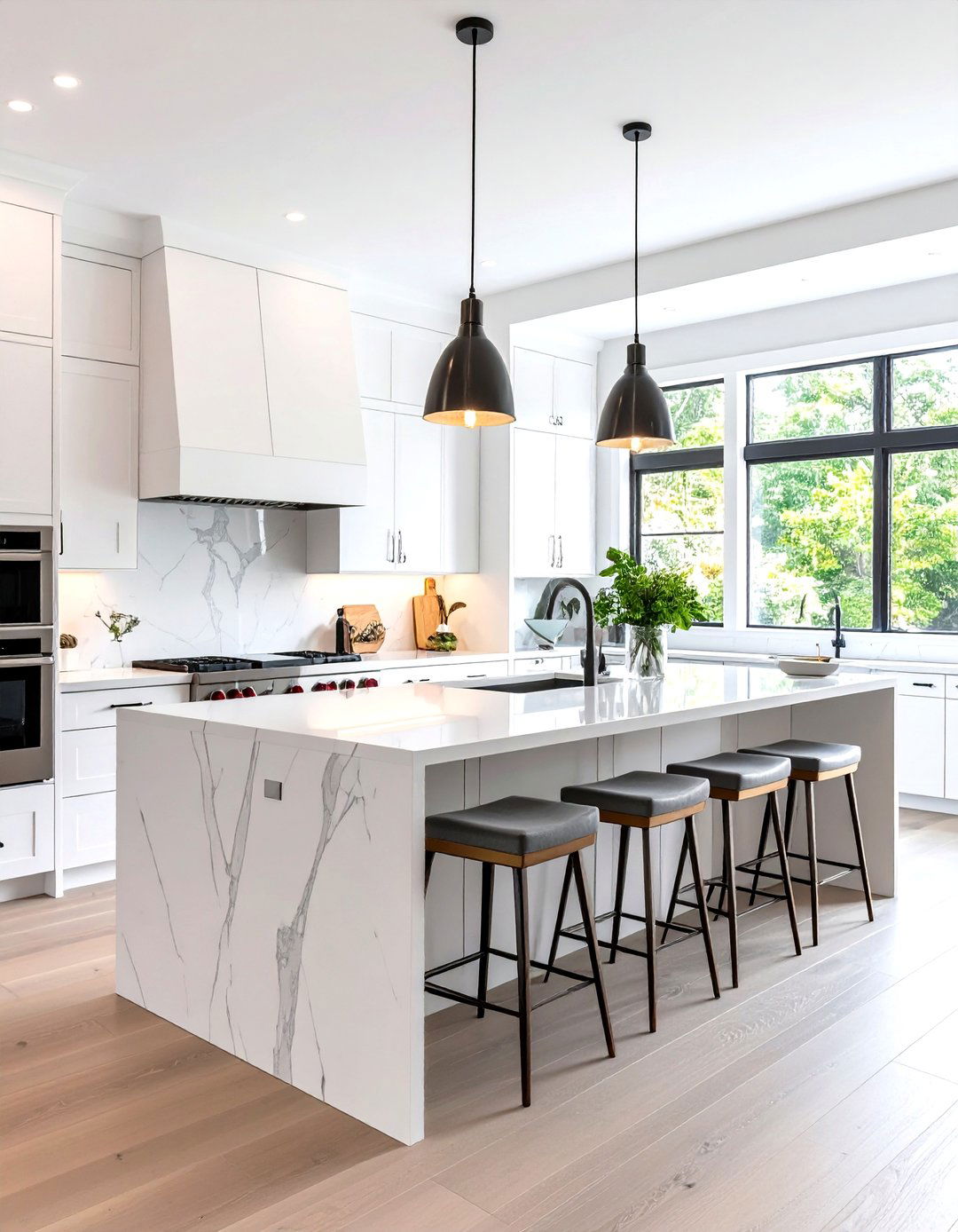 Large White Kitchen Island with Waterfall Stainless Details - 24 White Kitchen with Stainless Steel Appliances Ideas