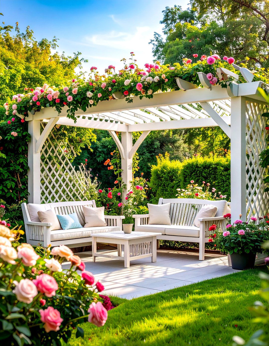 Lattice Panel Patio Privacy with Climbing Rose Gardens - 24 Patio Privacy Ideas