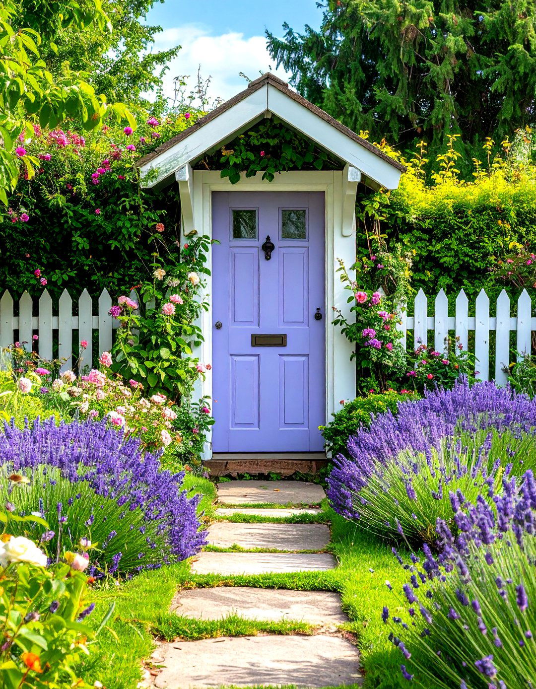 Lavender Door with Cottage Garden Border - 24 Lavender Front Door Ideas