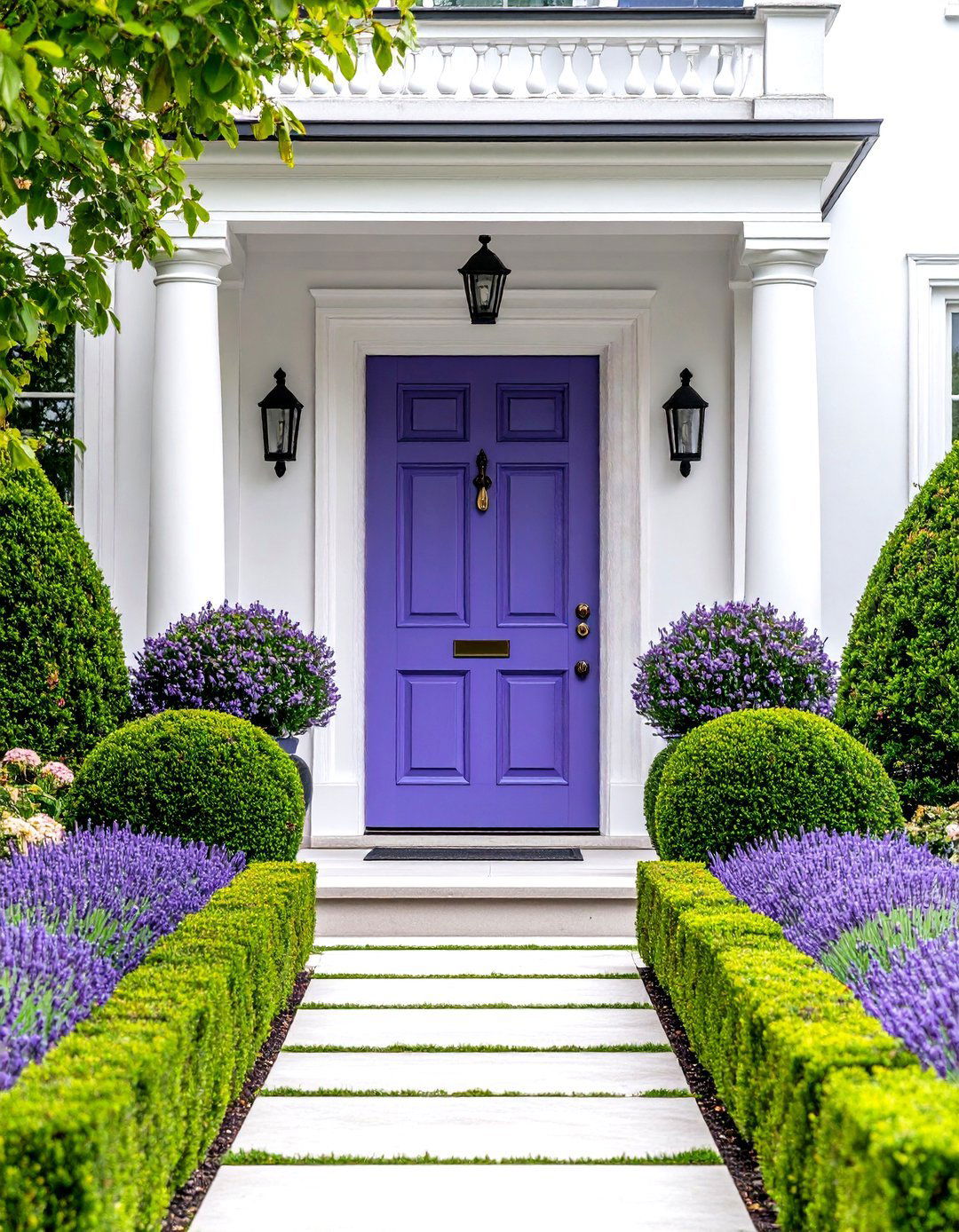 Lavender Door with Formal Hedge Border - 24 Lavender Front Door Ideas